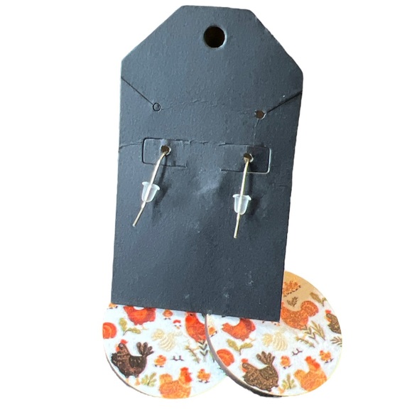 Wooden Round Chicken Print Drop Dangle Earrings - Picture 4 of 5